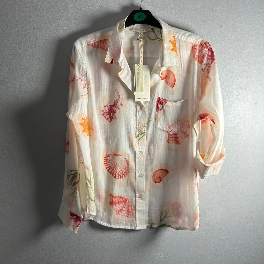 Lucky & Coco Womens Cotton Seashell‎ Print Button Down Shirt White Coral Size M